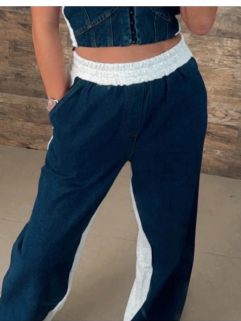 High-Waist Navy Blue Track with grey Contrast Waistband